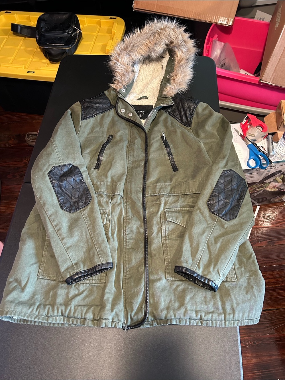 Torrid olive green jacket with black quilted leather patches 0